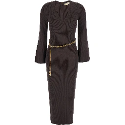 Brown Dress with Chain Belt and Logo Plaque on the Rear in Wool Blend Stretch Woman