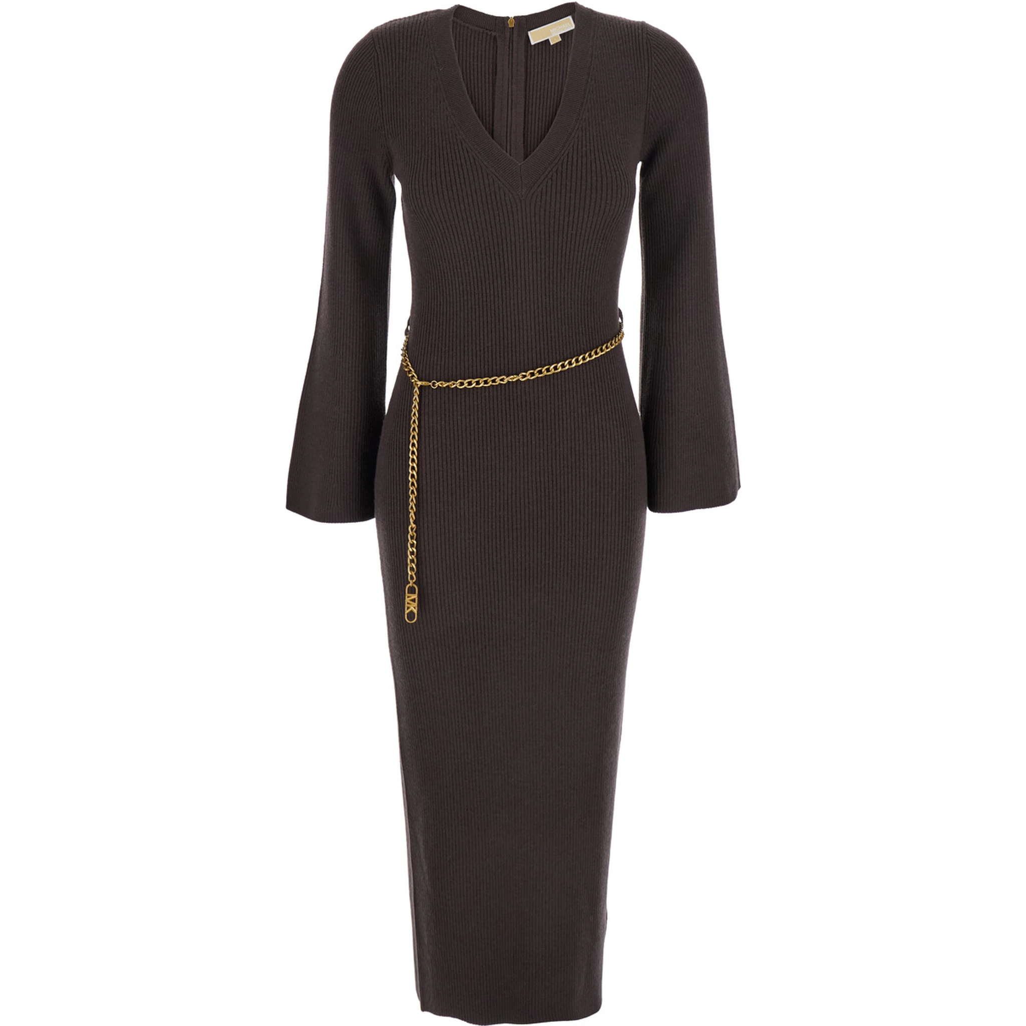 Brown Dress with Chain Belt and Logo Plaque on the Rear in Wool Blend Stretch Woman
