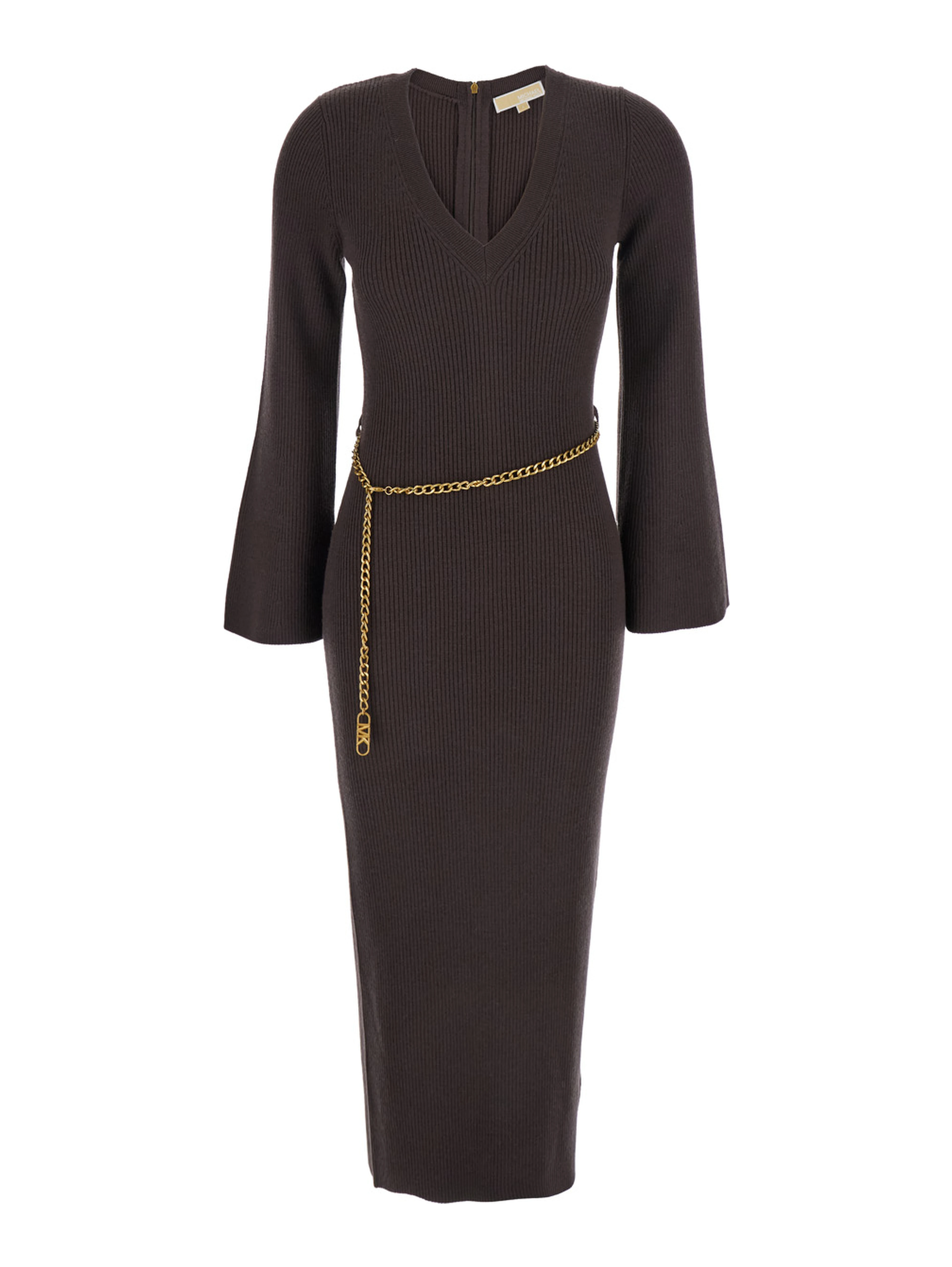 Brown Dress with Chain Belt and Logo Plaque on the Rear in Wool Blend Stretch Woman