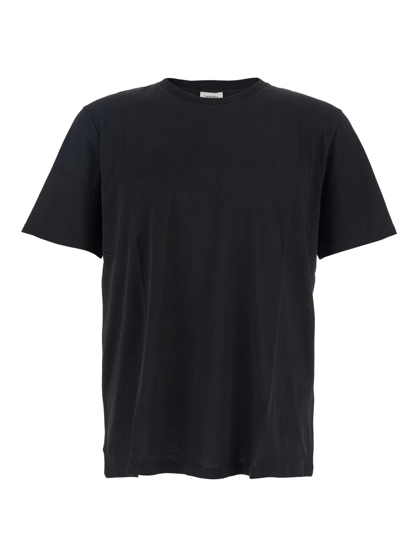 Black Crewneck T-Shirt with Cassandre Embroidery in Cotton Man
