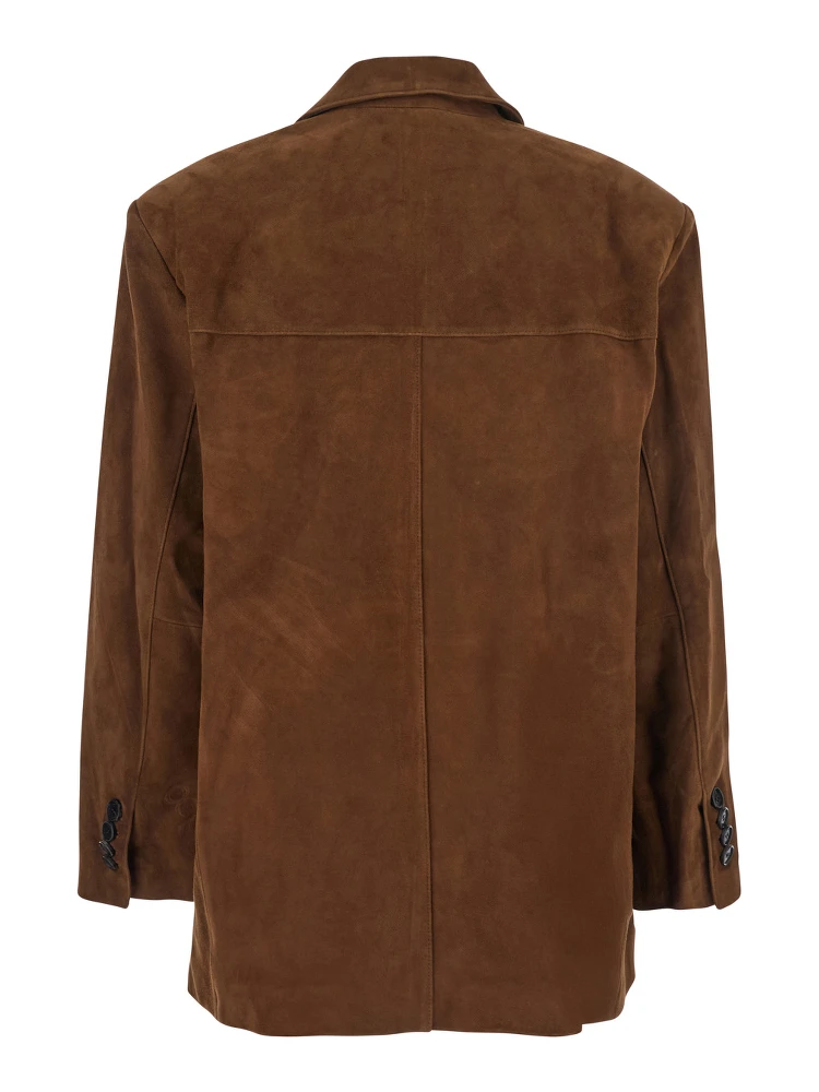 Brown Single-Breasted Jacket with Classic Lapels in Suede Woman alternative