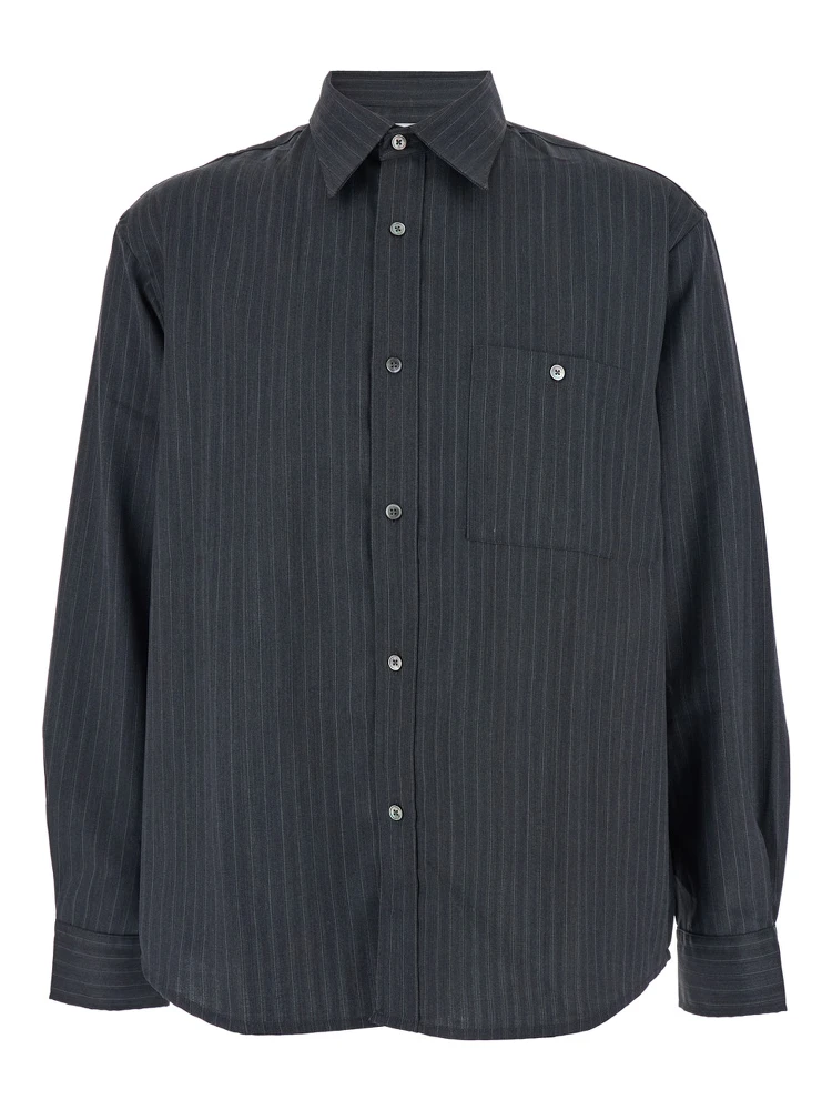 Grey Pinstriped Shirt with Pointed Collar in Wool Blend Man