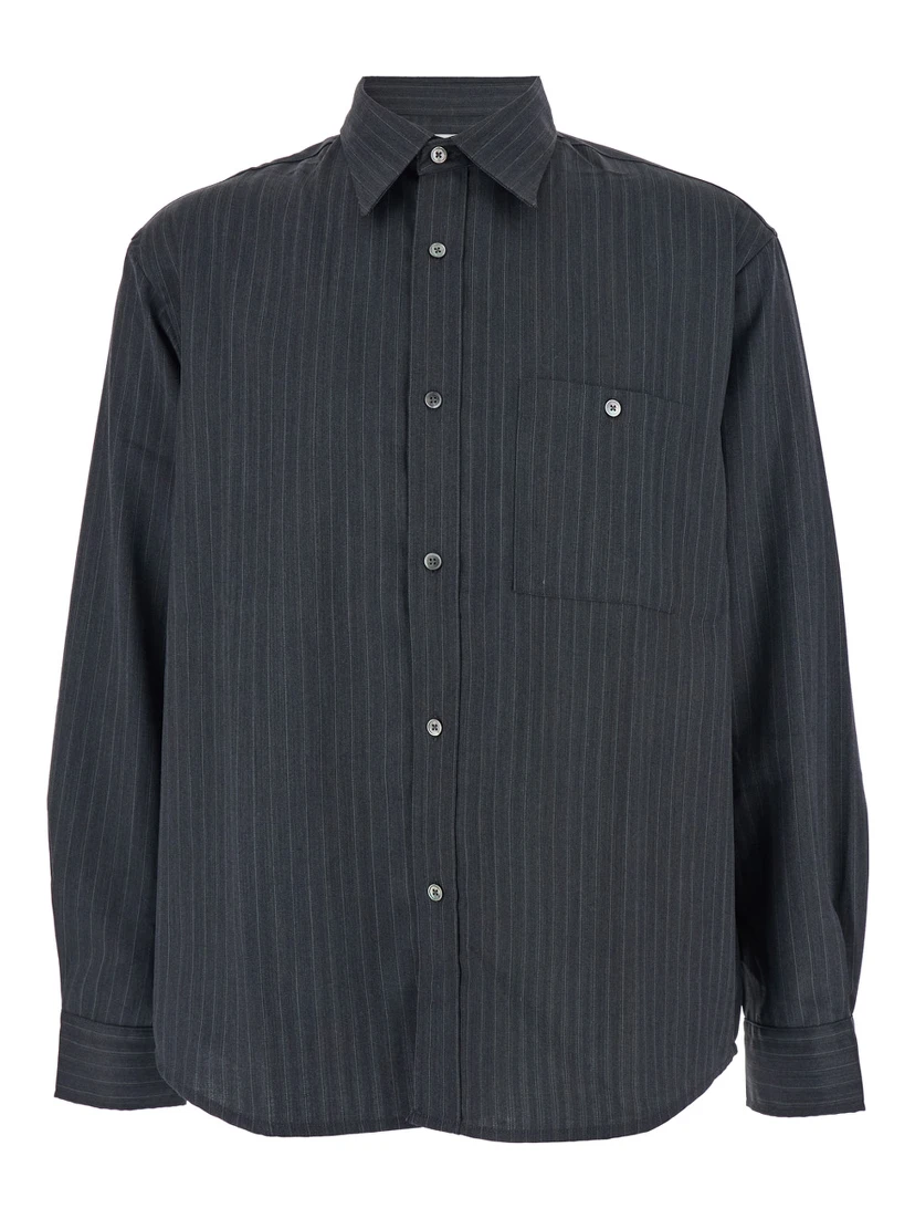 Grey Pinstriped Shirt with Pointed Collar in Wool Blend Man