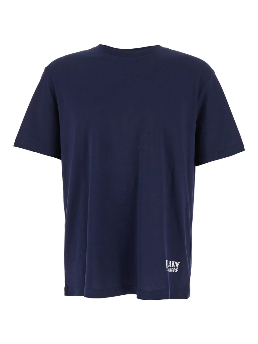 Blue Crewneck T-Shirt with Logo Lettering Print on the Front in Cotton Man