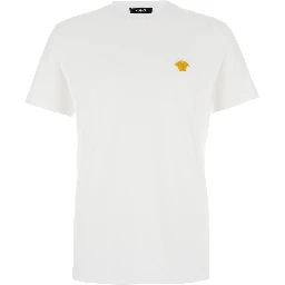 White Crewneck T-Shirt with Medusa Embroidery on the Front in Cotton Man