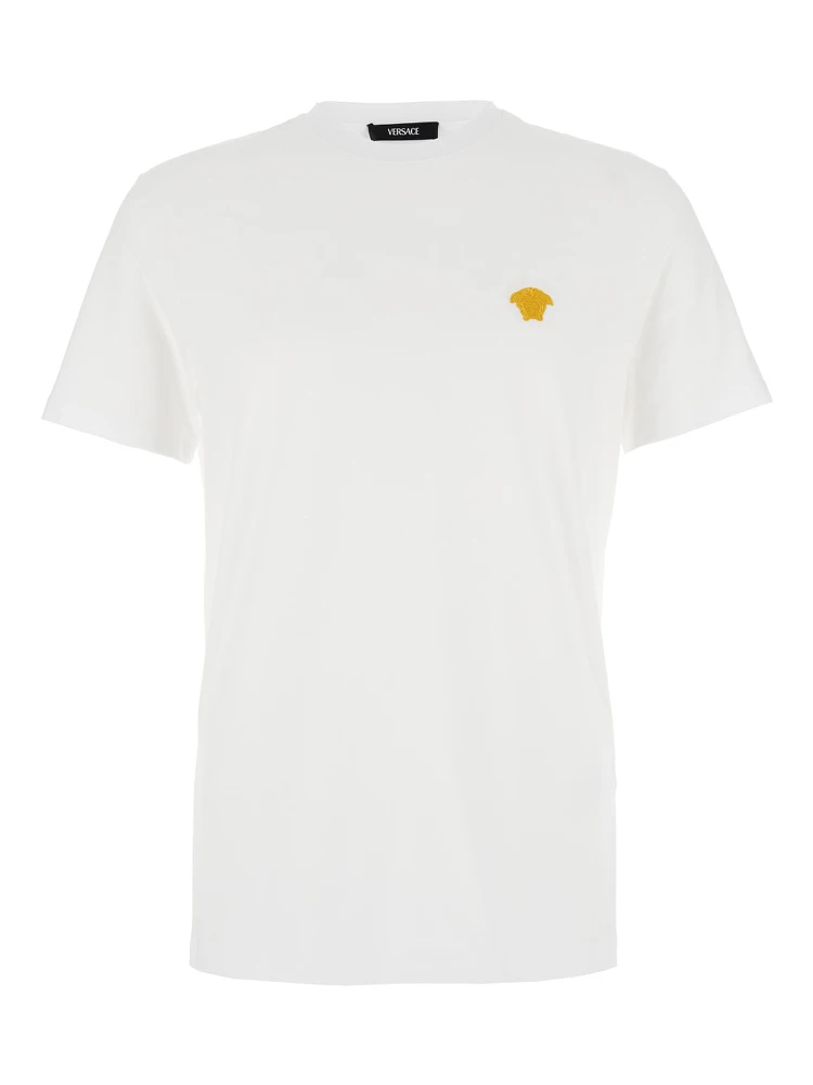 White Crewneck T-Shirt with Medusa Embroidery on the Front in Cotton Man