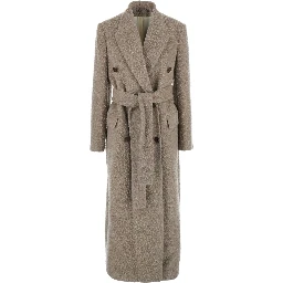 Beige Double-Breasted Coat with Classic Lapels and Belt in Wool and Mohair Blend Woman