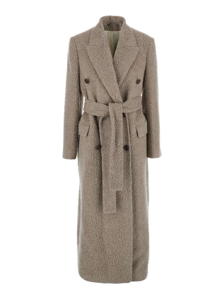 Beige Double-Breasted Coat with Classic Lapels and Belt in Wool and Mohair Blend Woman