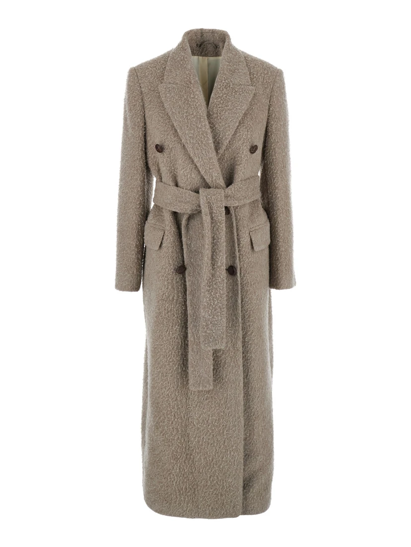 Beige Double-Breasted Coat with Classic Lapels and Belt in Wool and Mohair Blend Woman