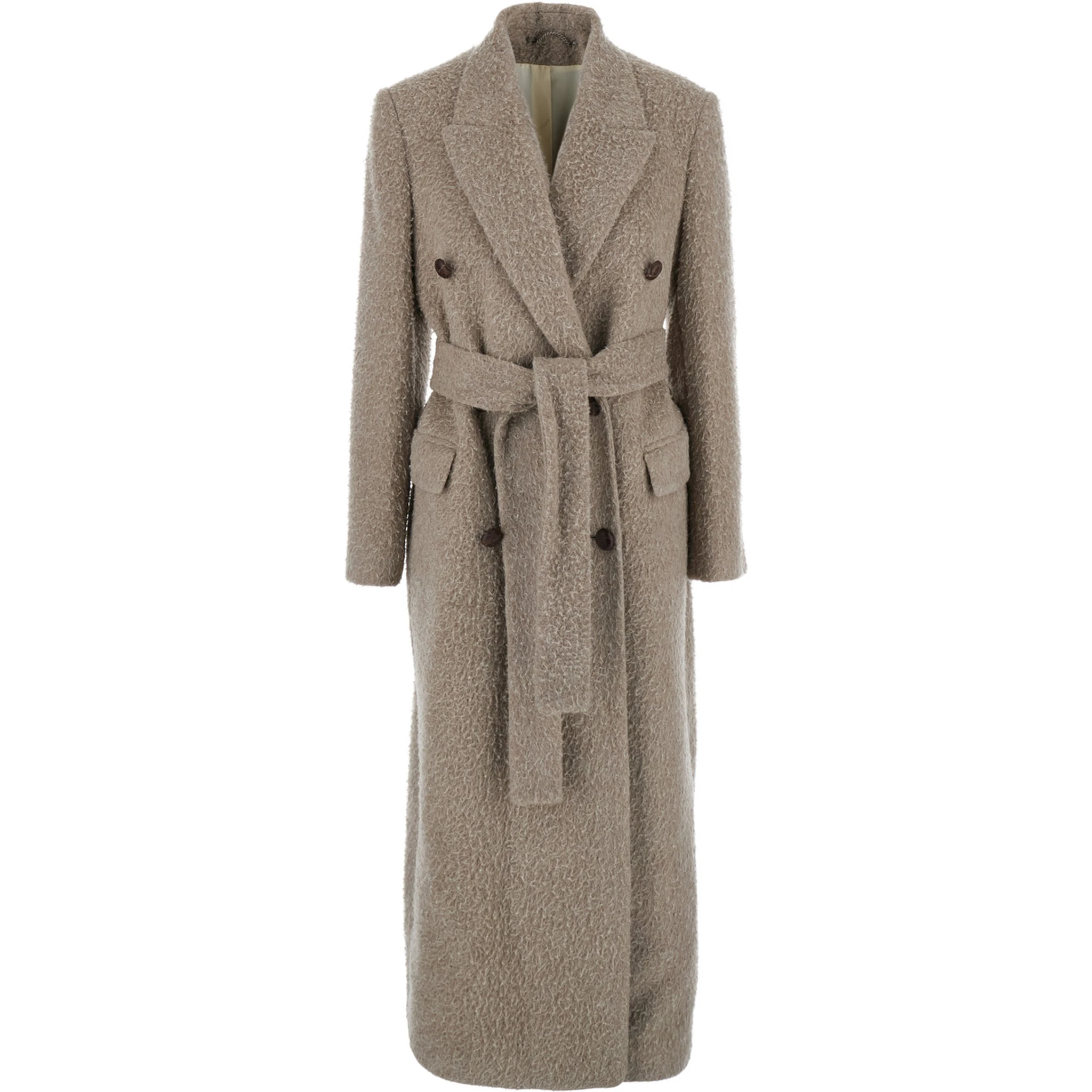 Beige Double-Breasted Coat with Classic Lapels and Belt in Wool and Mohair Blend Woman