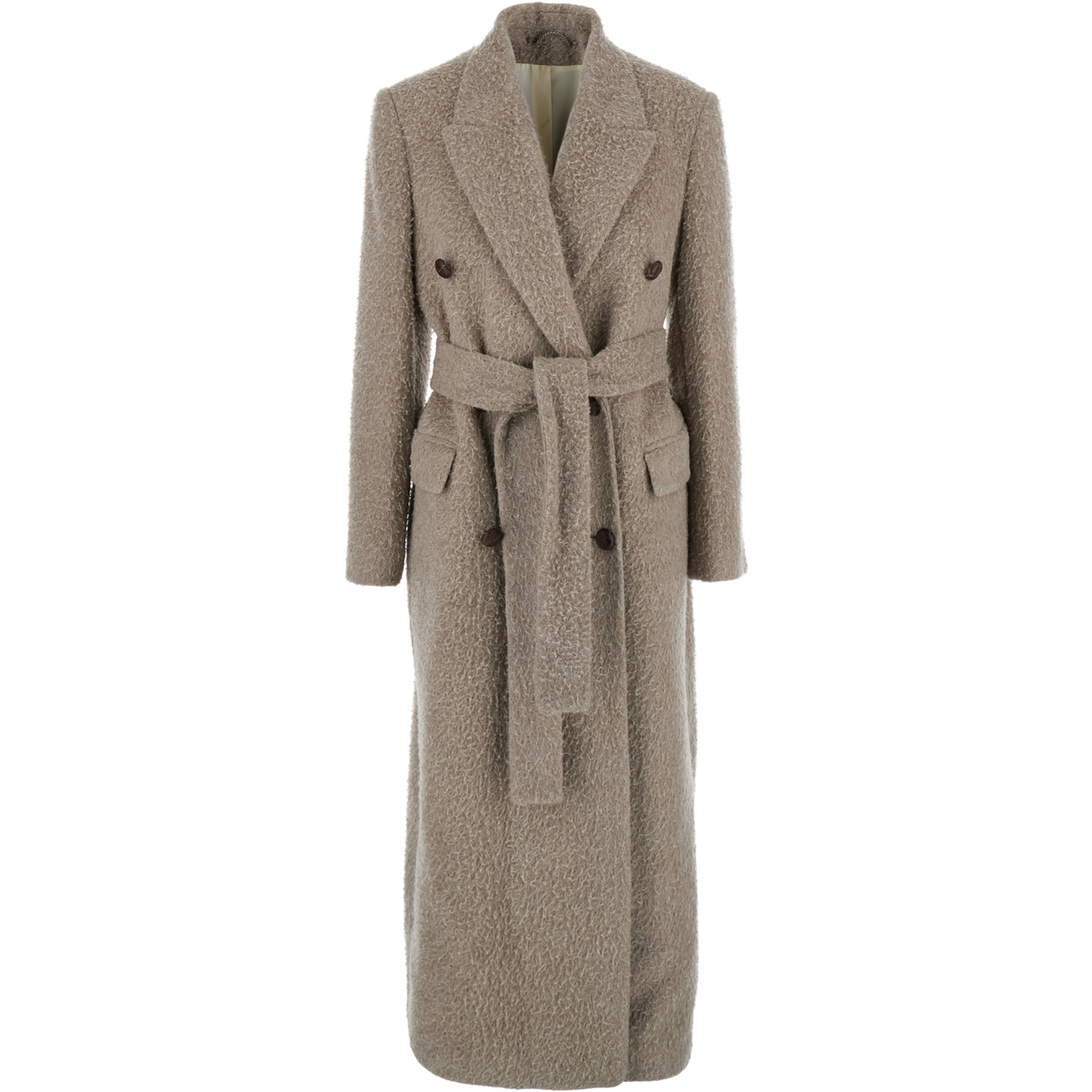 Beige Double-Breasted Coat with Classic Lapels and Belt in Wool and Mohair Blend Woman