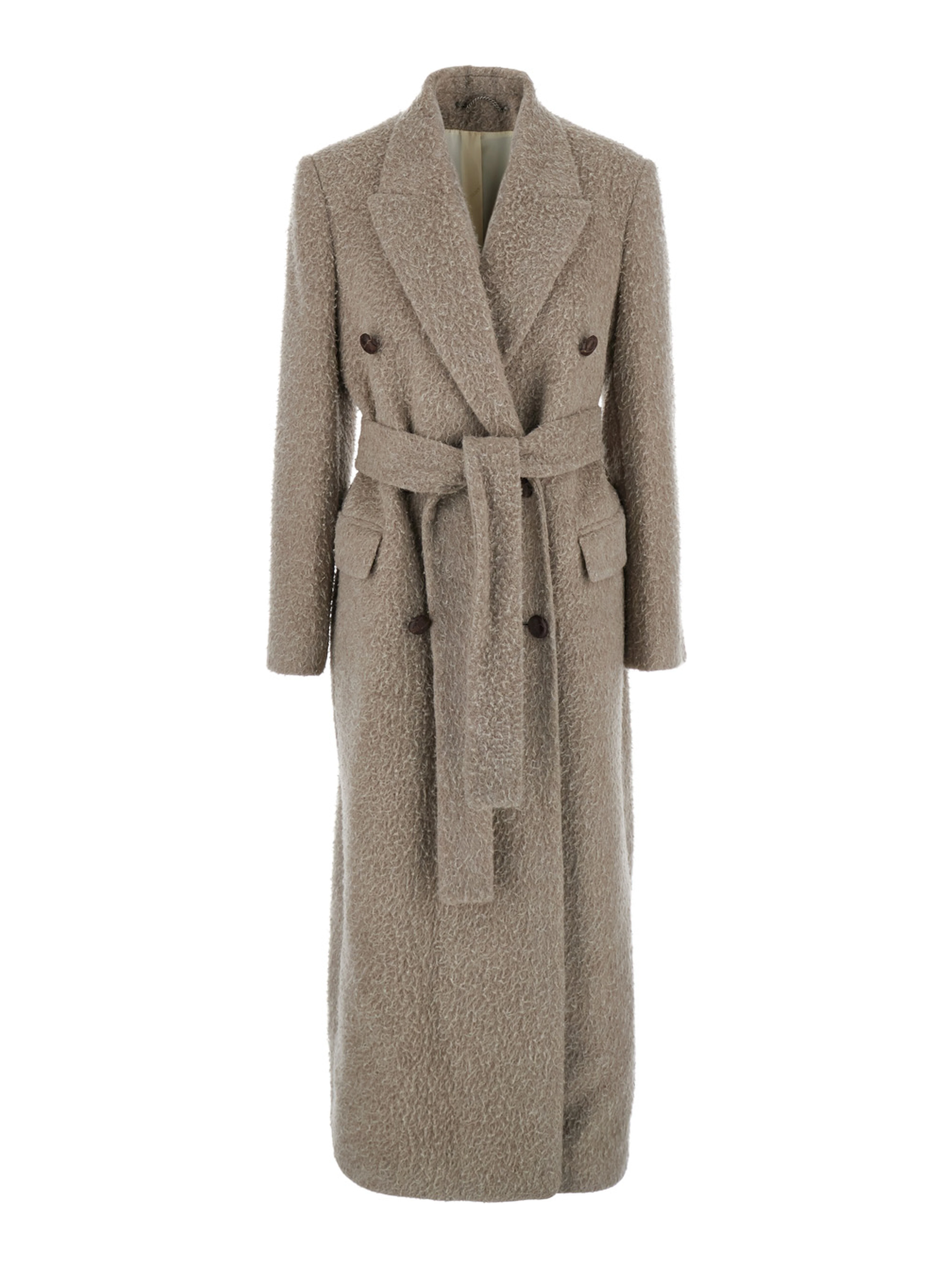 Beige Double-Breasted Coat with Classic Lapels and Belt in Wool and Mohair Blend Woman