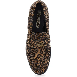 Brown Loafers with Leopard Print and Logo Plaque in Leather Woman