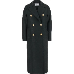 Green Double-Breasted  Coat with Wide Notched Revers in Wool Woman