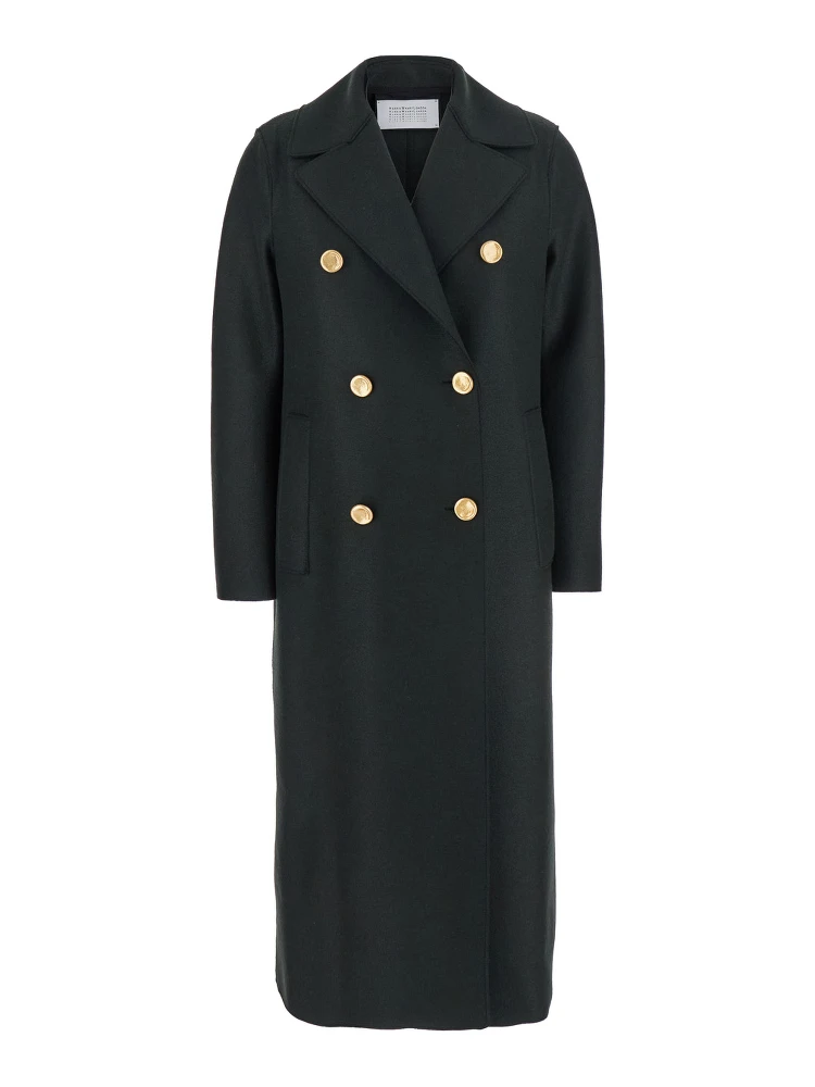 Green Double-Breasted  Coat with Wide Notched Revers in Wool Woman