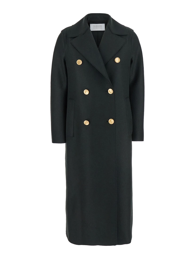 Green Double-Breasted  Coat with Wide Notched Revers in Wool Woman