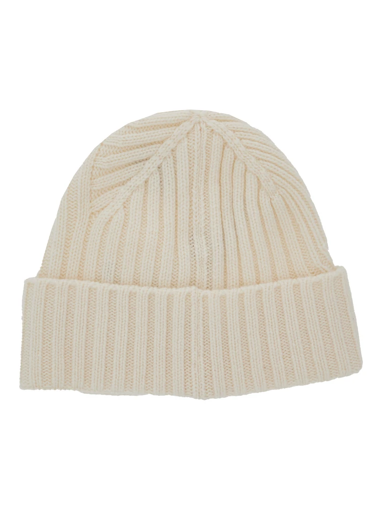 Le Bonnet Tourni White Beanie with Turn-Up Brim and Logo Lettering on the Front in Wool Man alternative