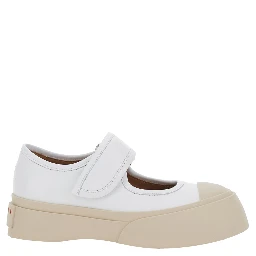 Mary Jane White Sandals with Touch-Strap Closure and Logo Patch on the Rear in Leather Woman