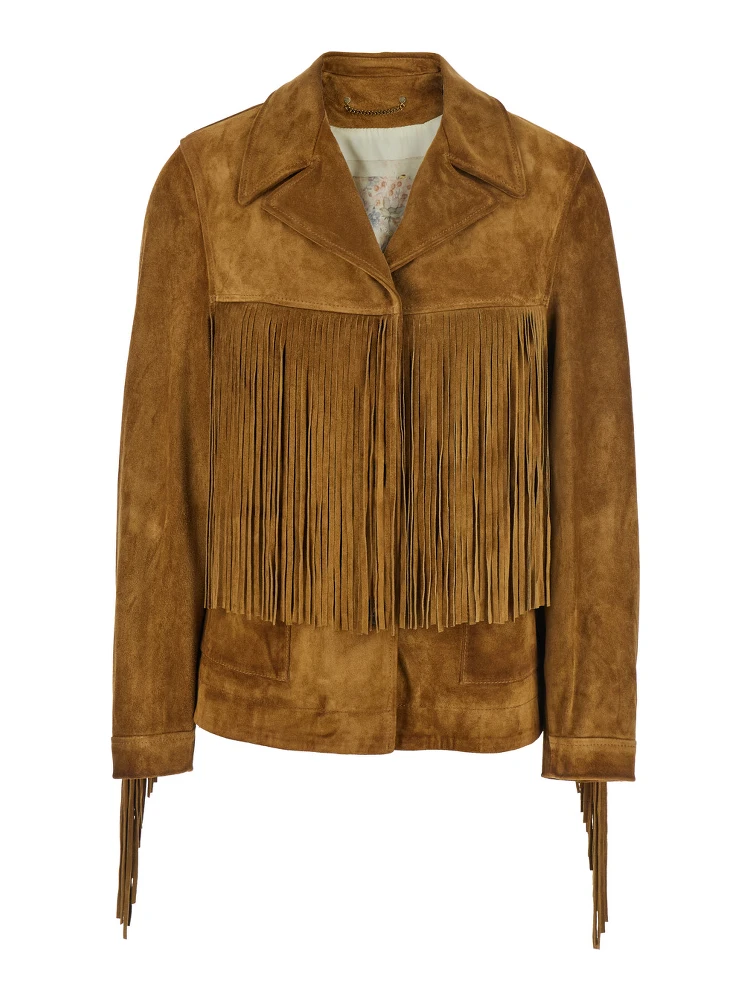 Journey Brown Jacket with Notched Collar and Fringed Details in Suede Woman
