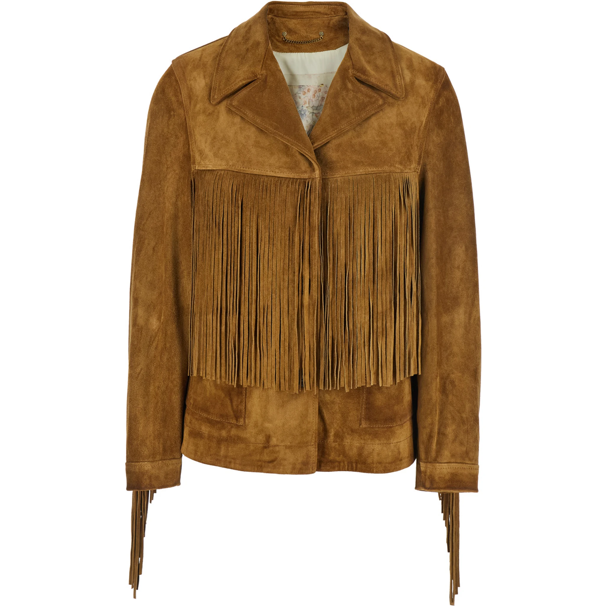 Journey Brown Jacket with Notched Collar and Fringed Details in Suede Woman