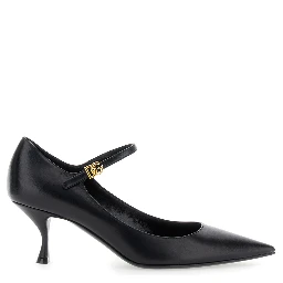 Black Slingback Pumps with Medium Stiletto Heel and Lateral Logo Plaque in Patent Leather Woman