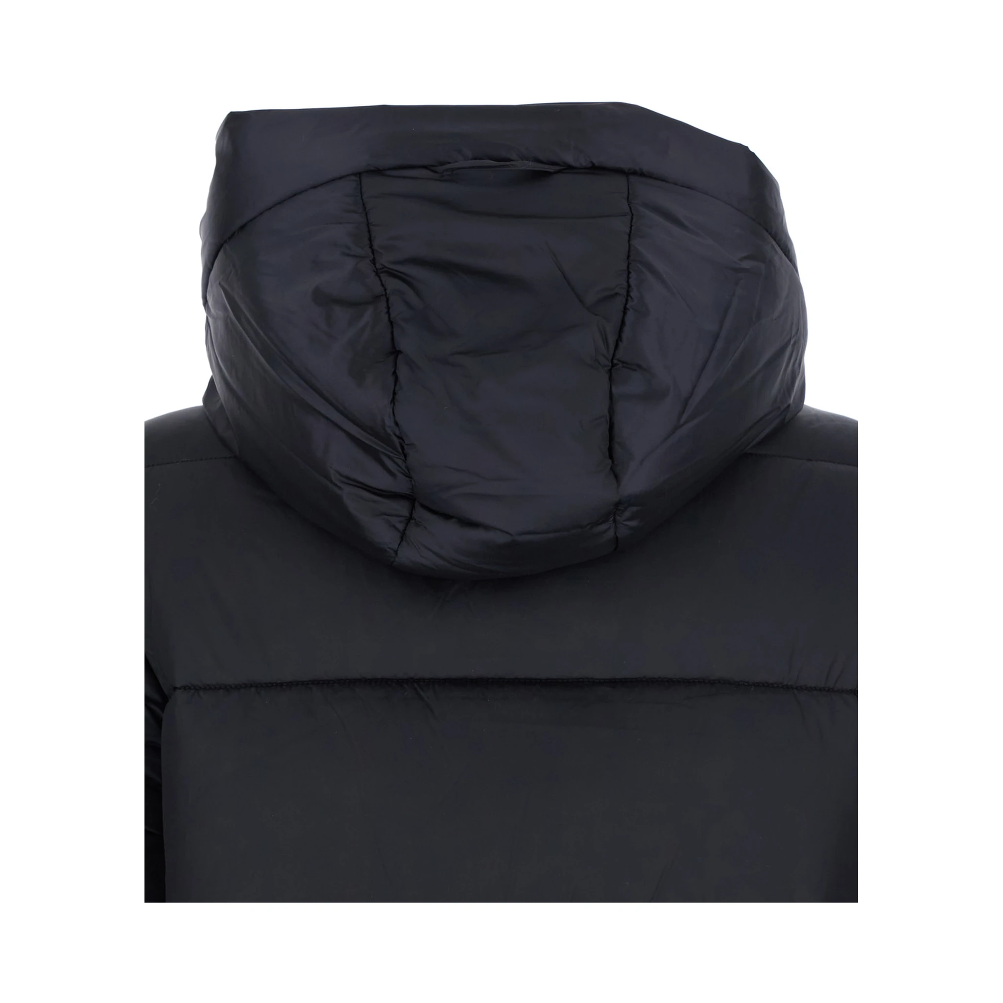 Black Down Jacket with Fixed Hood and Logo Patch on the Sleeve in Tech Fabric Woman