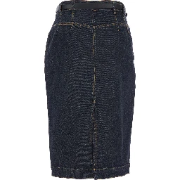 Blue Midi Skirt with Leather Belt and Rear Single Slit in Denim Woman