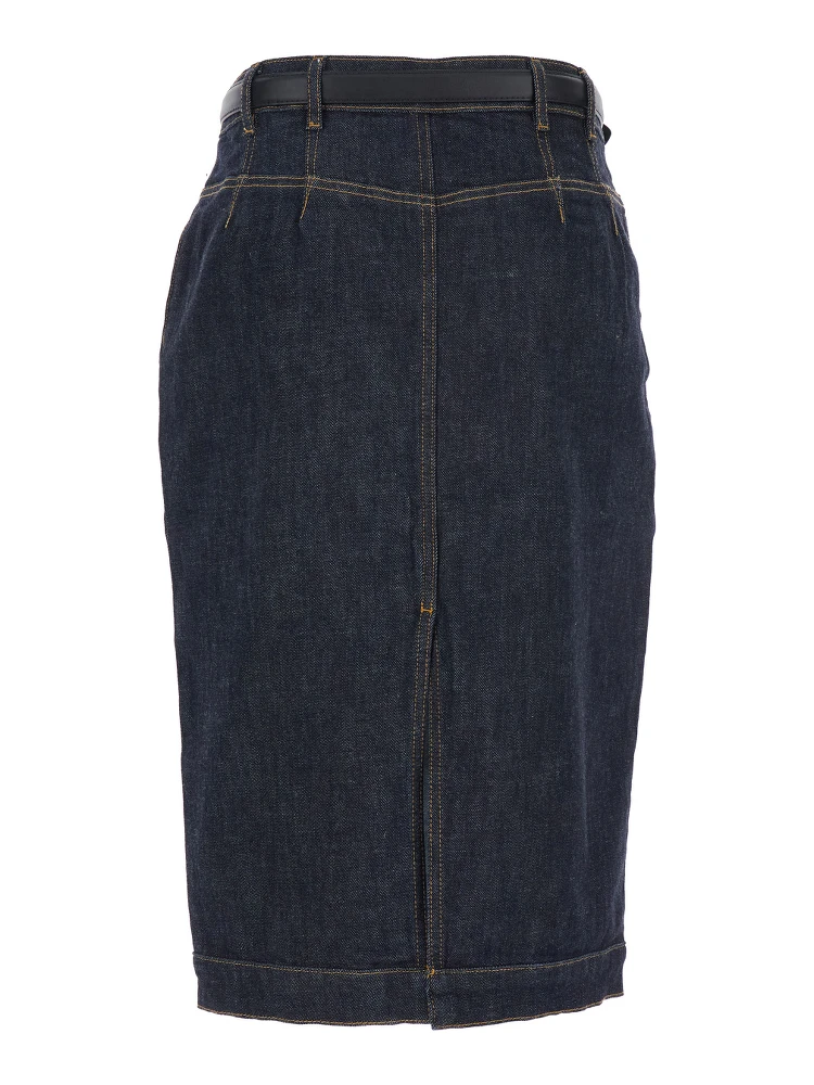 Blue Midi Skirt with Leather Belt and Rear Single Slit in Denim Woman alternative