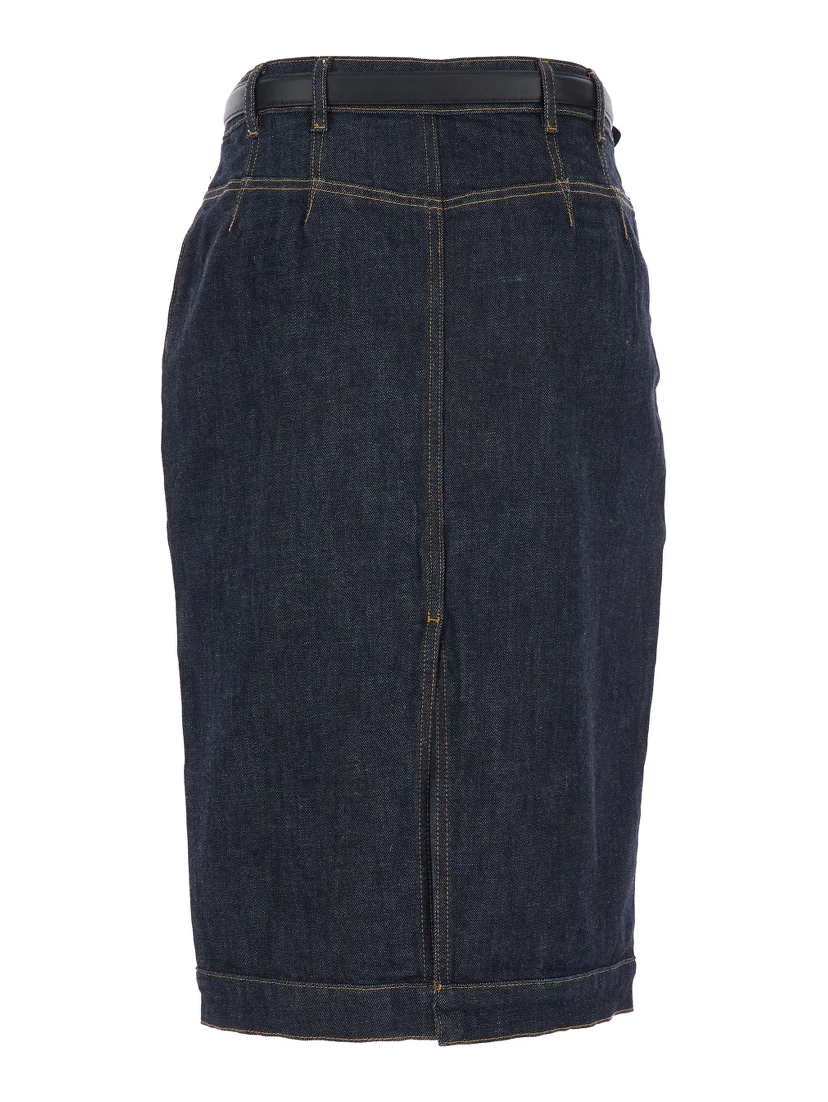 Blue Midi Skirt with Leather Belt and Rear Single Slit in Denim Woman