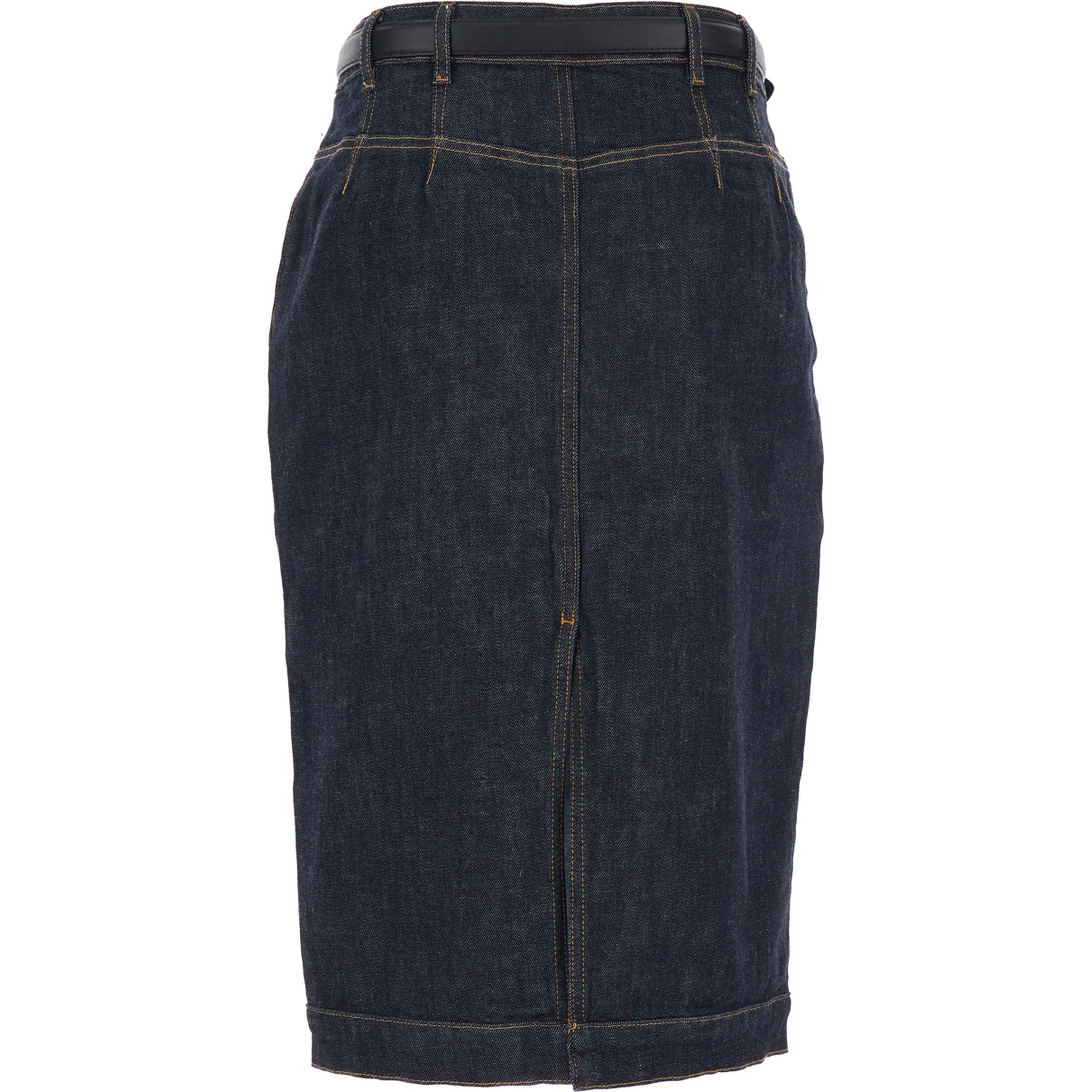 Blue Midi Skirt with Leather Belt and Rear Single Slit in Denim Woman