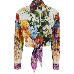 Multicolor Cropped Shirt with Tie Closure on the Front and All-Over Floral Print in Cotton Woman