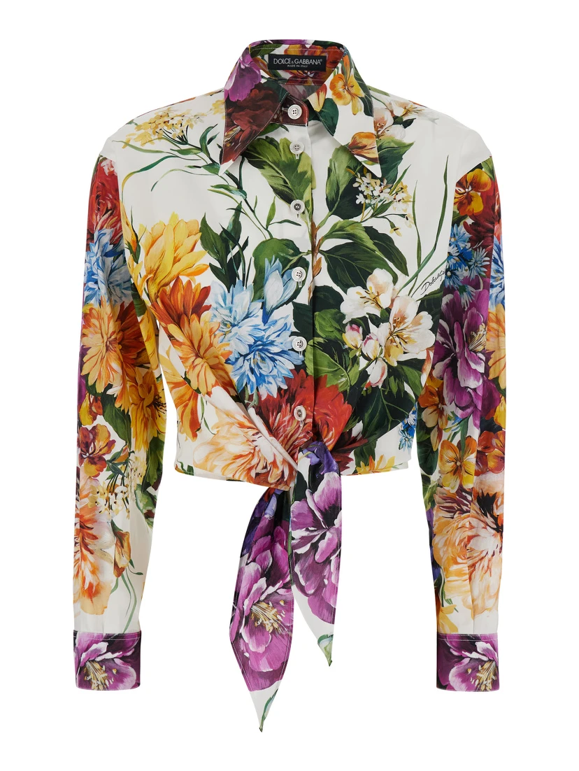 Multicolor Cropped Shirt with Tie Closure on the Front and All-Over Floral Print in Cotton Woman