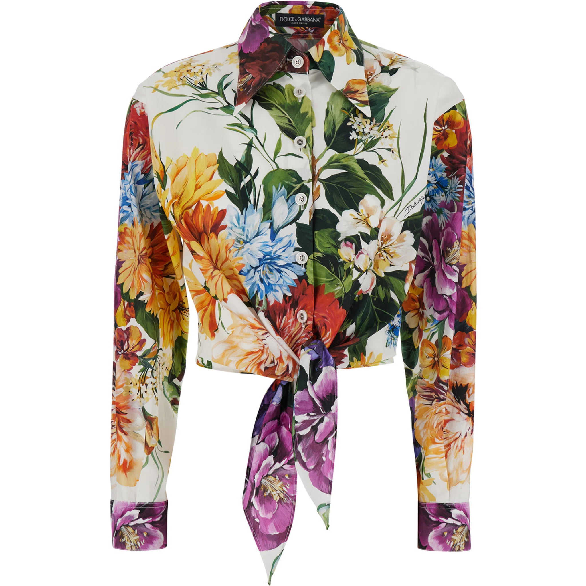 Multicolor Cropped Shirt with Tie Closure on the Front and All-Over Floral Print in Cotton Woman