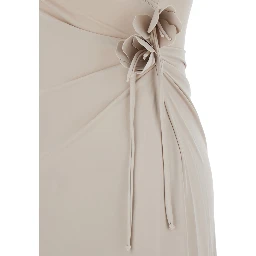 Beige Asymmetric One-Shoulder Dress with Flower Detail and Single Side Slit in Tech Fabric Woman