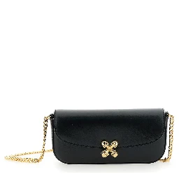 Skull Flower Black Crossbody Bag with Chain-Link Shoulder Strap and Logo Plaque on the Front in Leather Woman