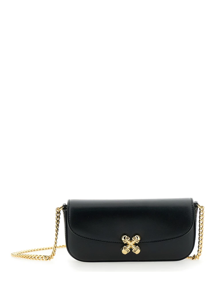 Skull Flower Black Crossbody Bag with Chain-Link Shoulder Strap and Logo Plaque on the Front in Leather Woman