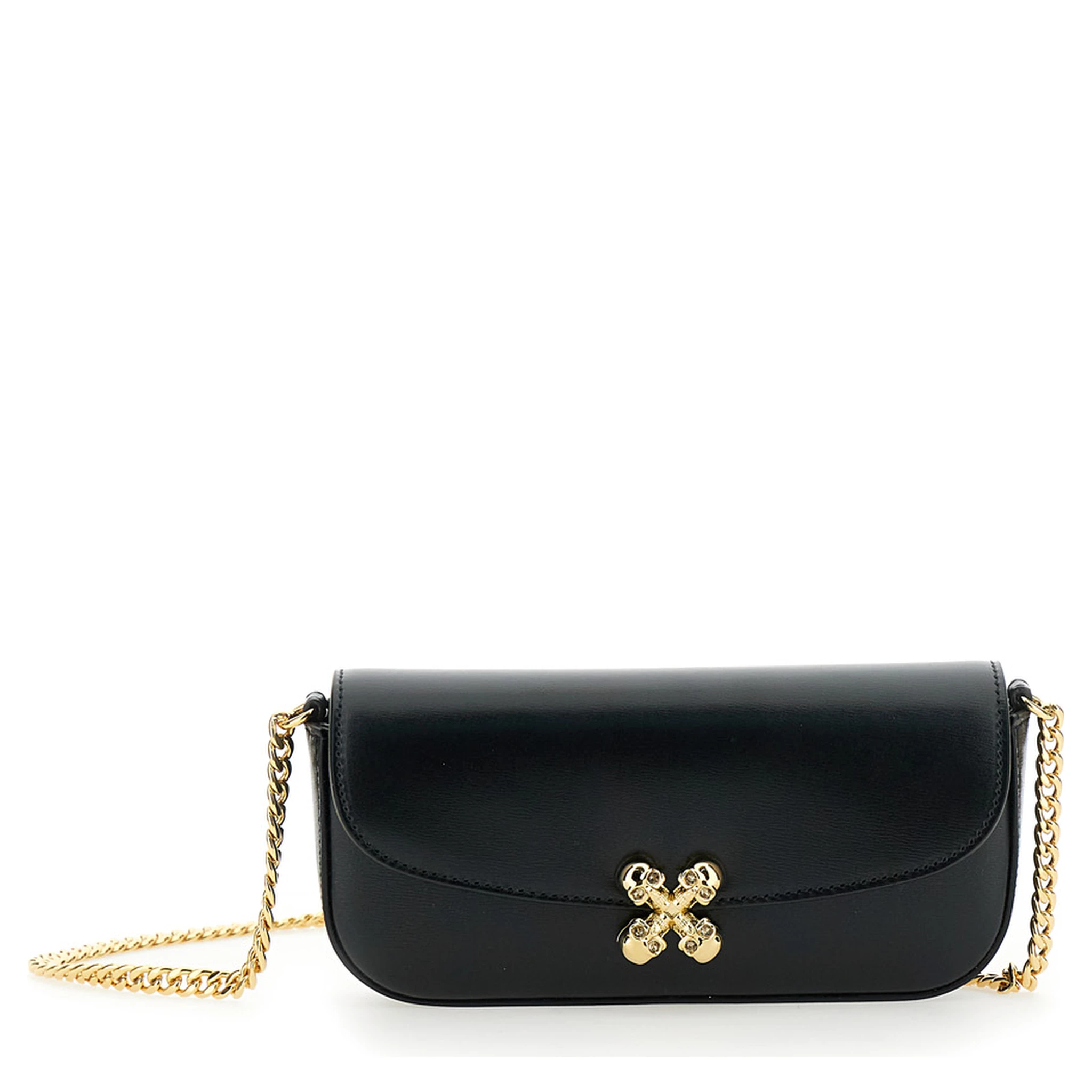 Skull Flower Black Crossbody Bag with Chain-Link Shoulder Strap and Logo Plaque on the Front in Leather Woman