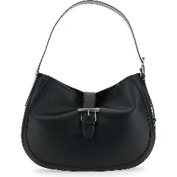 Black Shoulder Bag with Adjustable Shoulder Strap and T Buckle Closure on the Front in Leather Woman