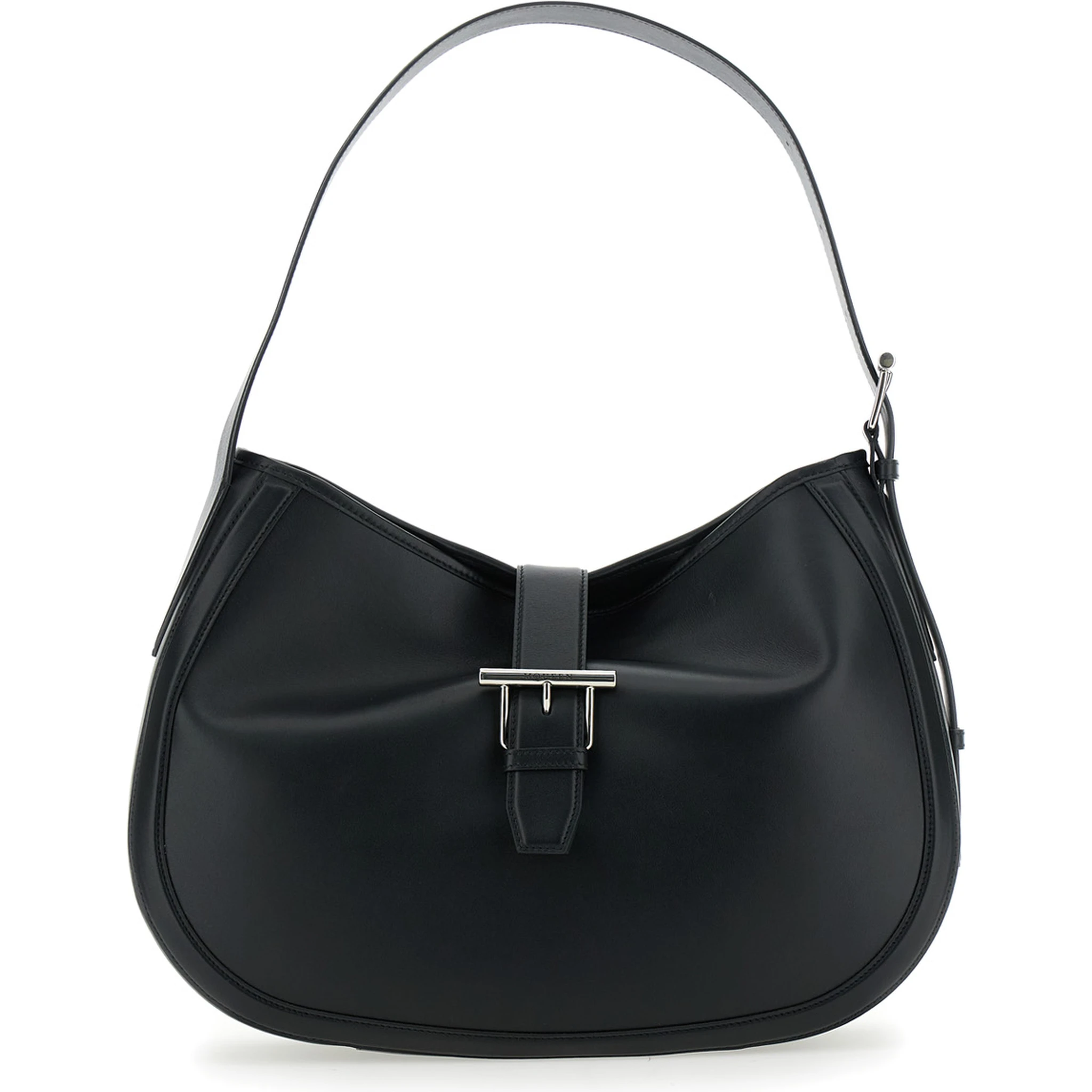 Black Shoulder Bag with Adjustable Shoulder Strap and T Buckle Closure on the Front in Leather Woman