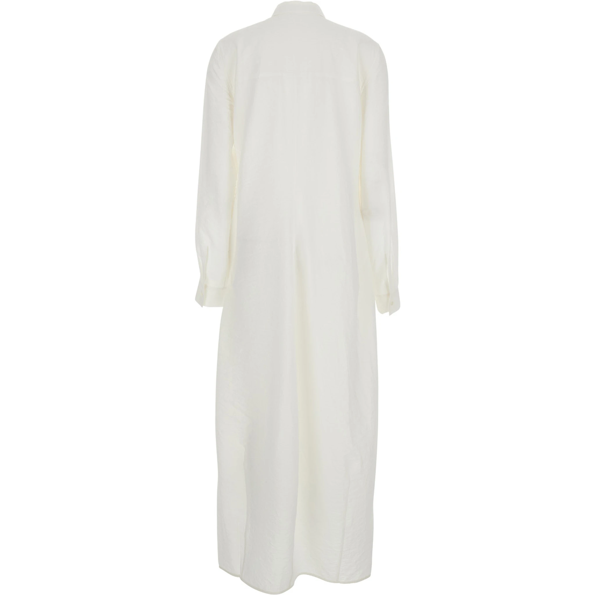 White Long Dress with Classic Collar in Silk Blend Woman