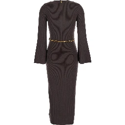 Brown Dress with Chain Belt and Logo Plaque on the Rear in Wool Blend Stretch Woman