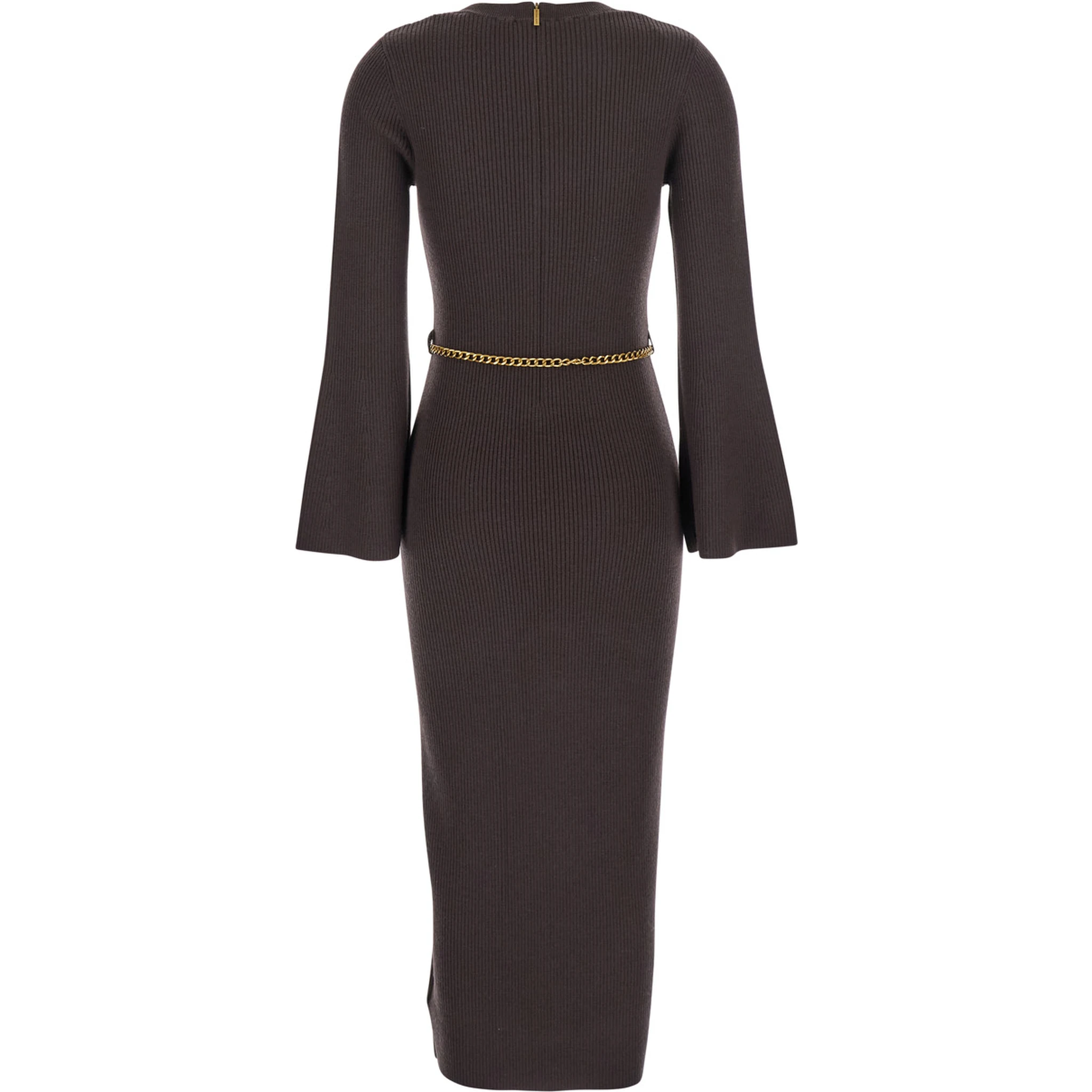 Brown Dress with Chain Belt and Logo Plaque on the Rear in Wool Blend Stretch Woman