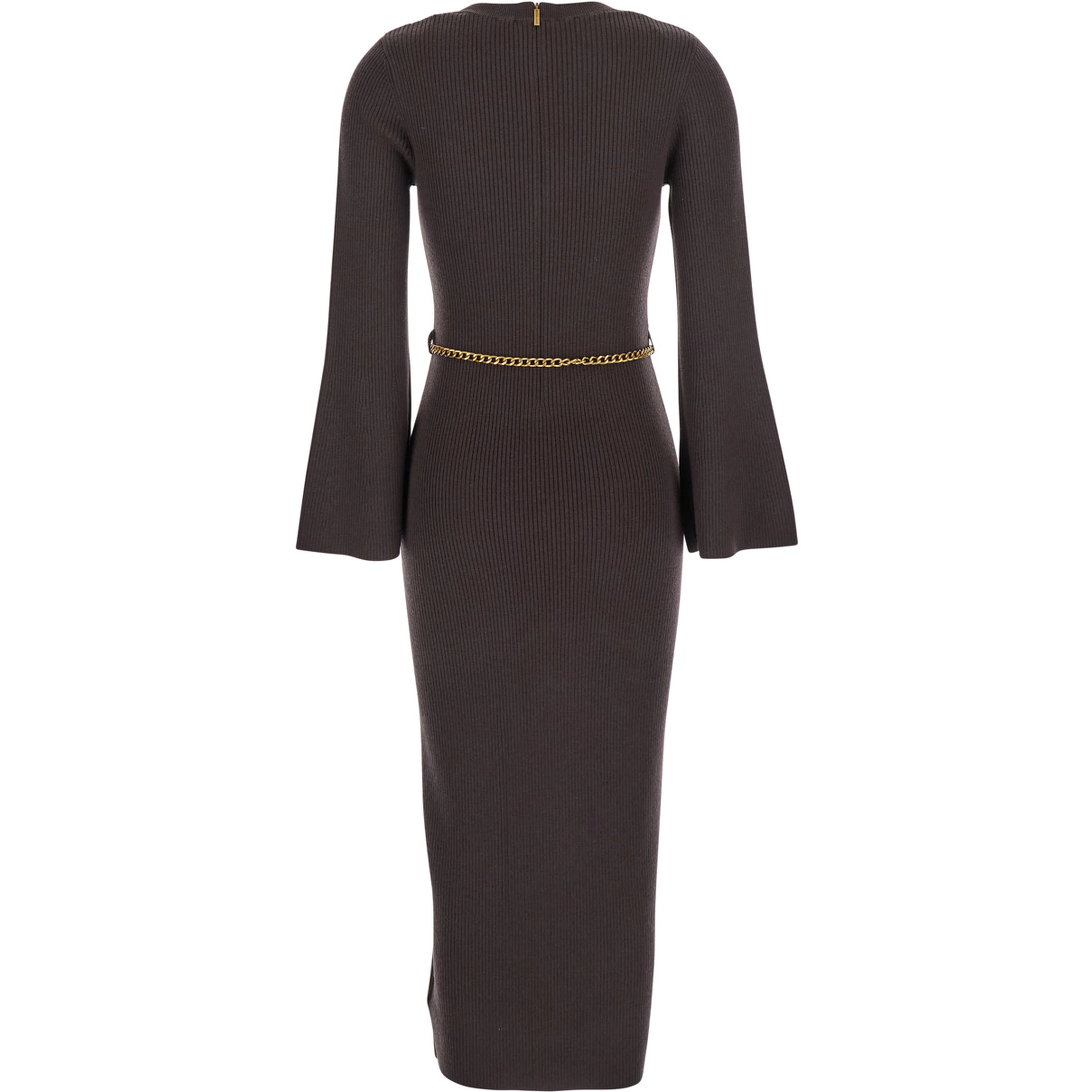 Brown Dress with Chain Belt and Logo Plaque on the Rear in Wool Blend Stretch Woman