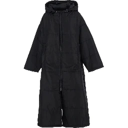 Black Down Jacket with Fixed Hood and Long Design in Tech Fabric Woman