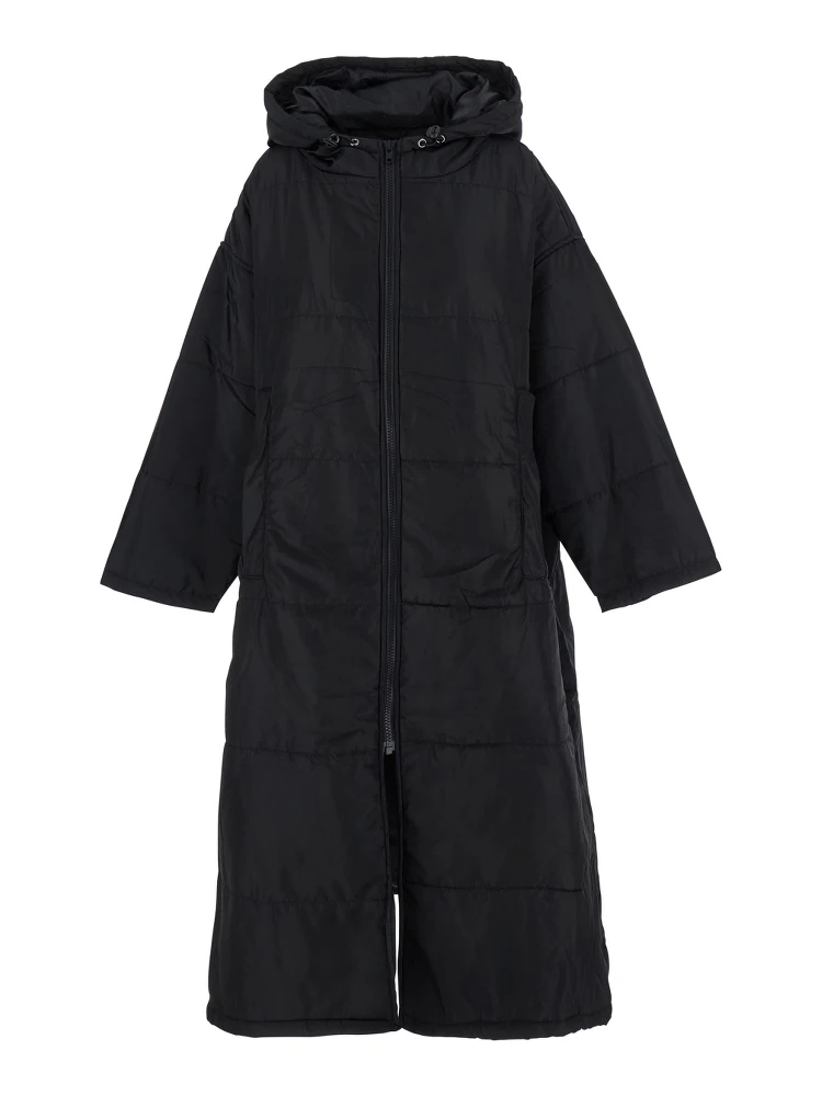 Black Down Jacket with Fixed Hood and Long Design in Tech Fabric Woman