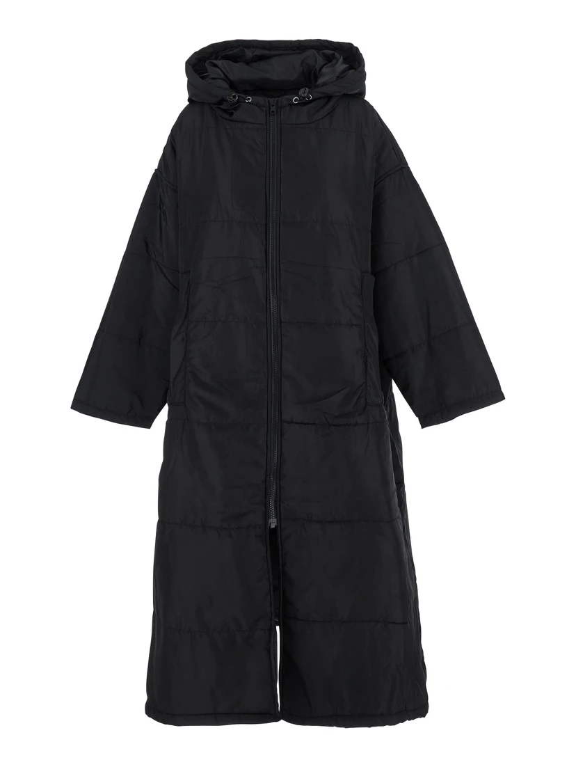 Black Down Jacket with Fixed Hood and Long Design in Tech Fabric Woman