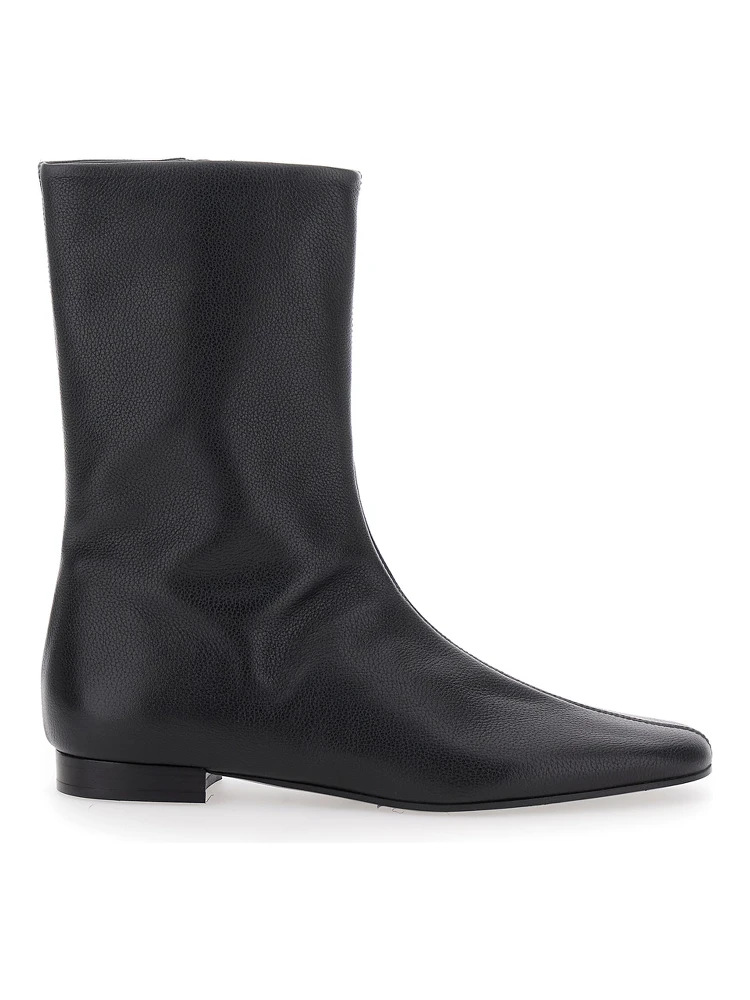 Black Ankle Boots with Low Heel and Pointed Toe in Hammered Leather Woman