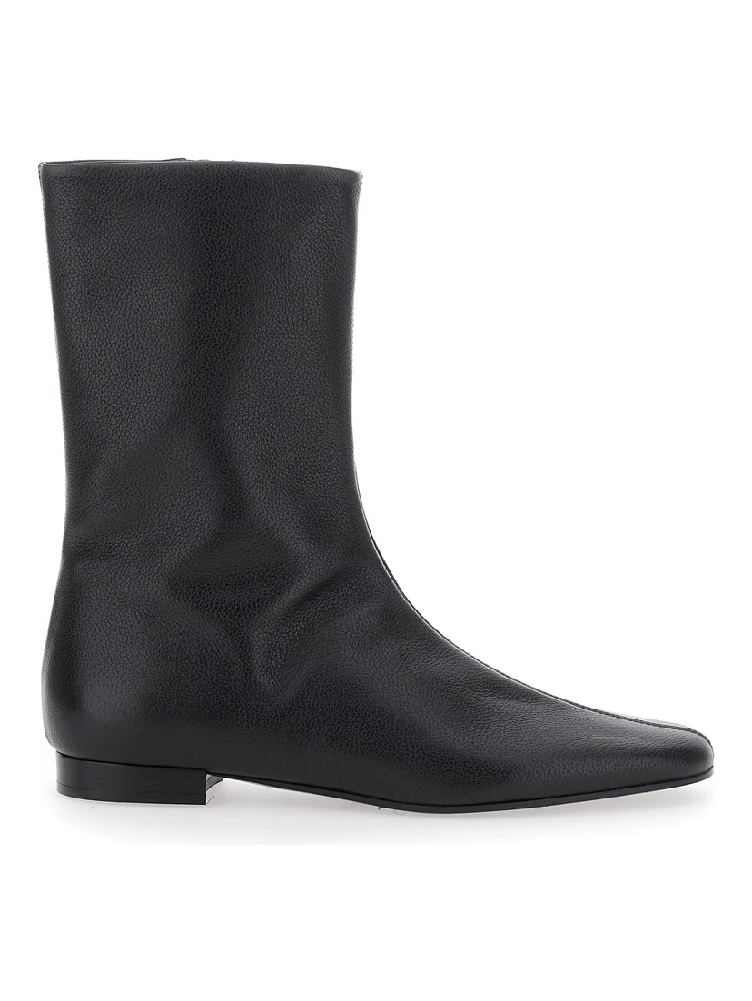 Black Ankle Boots with Low Heel and Pointed Toe in Hammered Leather Woman