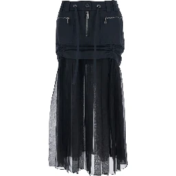 Black Skirt with Pleated Design and Drawstring Waist in Silk Blend Stretch Woman