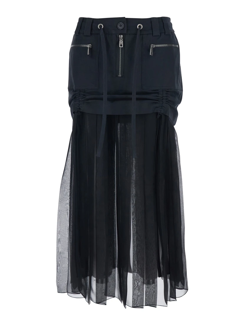 Black Skirt with Pleated Design and Drawstring Waist in Silk Blend Stretch Woman